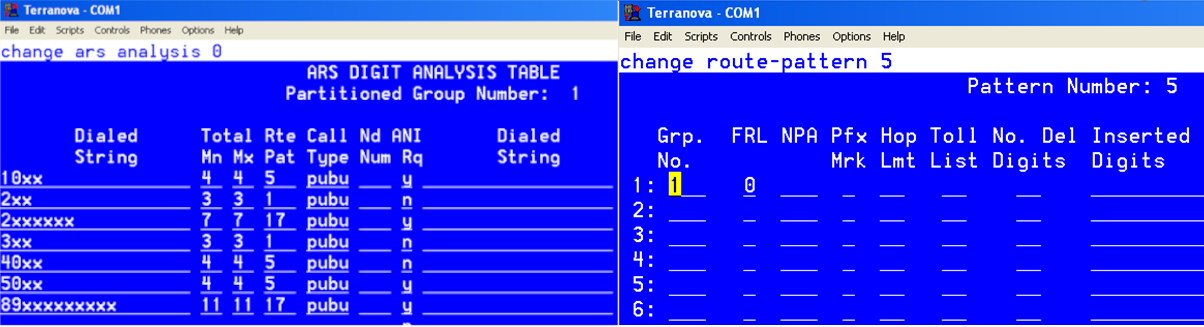 Содержание таблицы маршрутизации ARS (а) и выбор номера транковой группы для маршрута 5 (б)