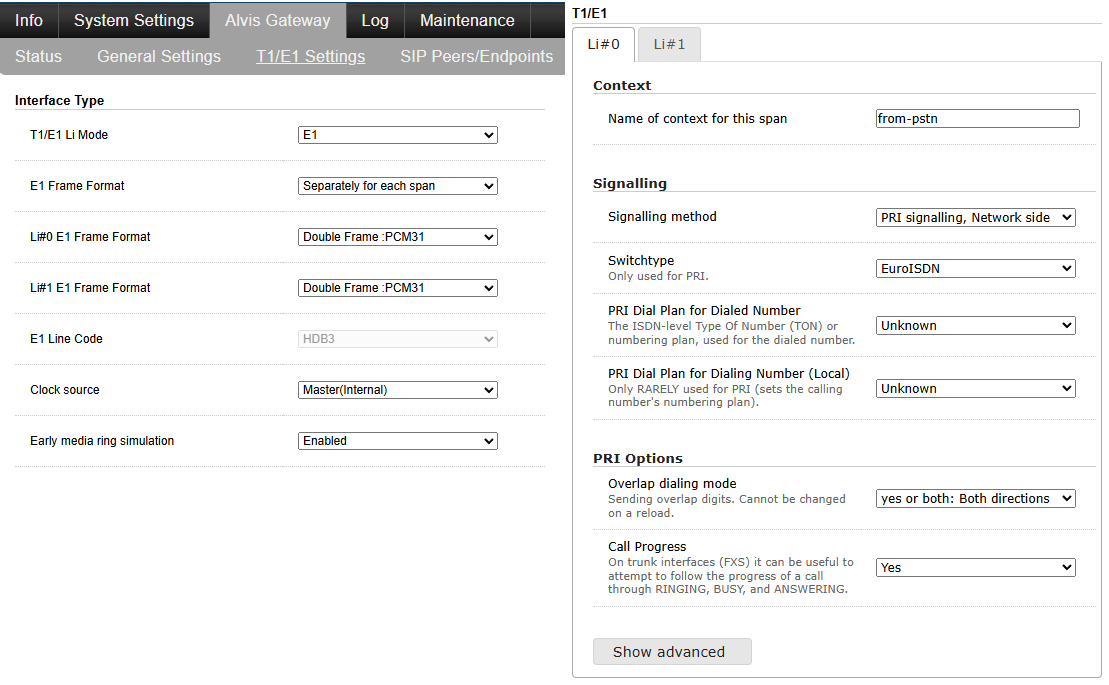 Конфигурация порта Е1 со стороны шлюза Alvis 