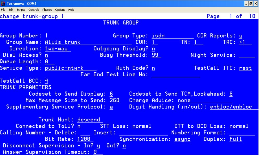 Начальная страница конфигурации транка 